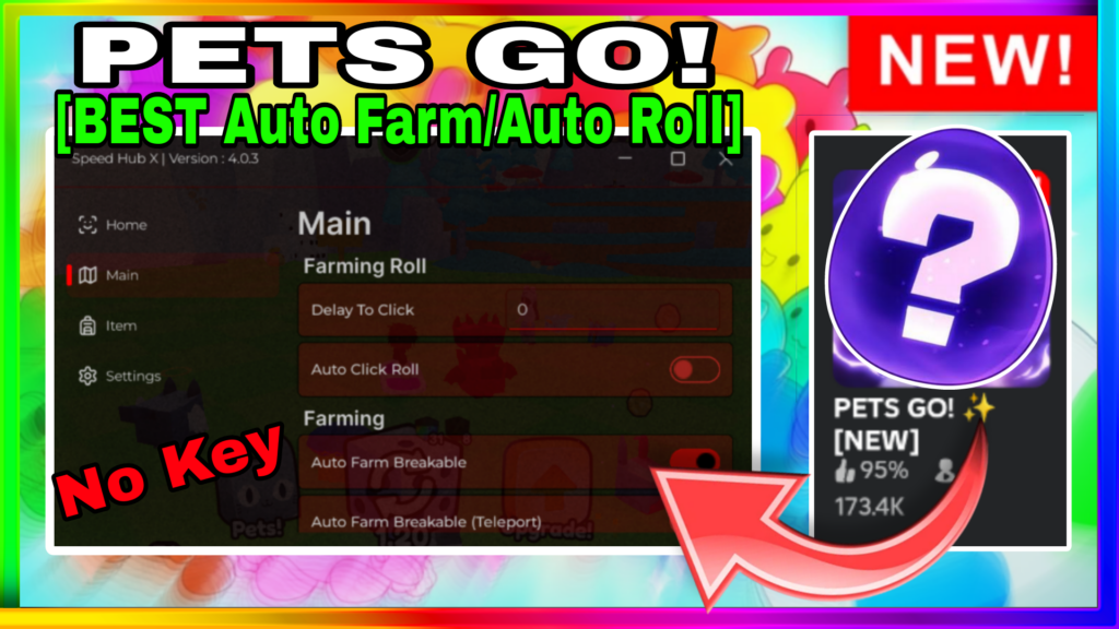 Pets Go! Script Hack GUI 💫 2024 • Keyless • Auto Breakable, Auto Roll, Auto Upgrade Potion! [Speed Hub X]